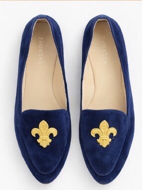 Talbots Navy Velvet Loafers Gold Fleur-de-Lis Flats Size 8M Preppy Chic